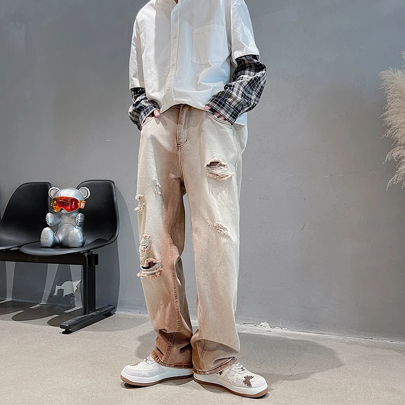 Hole Brown Jeans Men Fashion Retro Ripped Baggy Jeans Men Streetwear Loose Hip Hop Straight Denim Pants Mens Trousers M-2XL