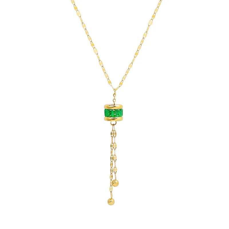 

Light Luxury Cold Ins-Style Emerald Tassel Pendant Necklace Titanium Steel Plated 18k Real Gold Premium Feeling