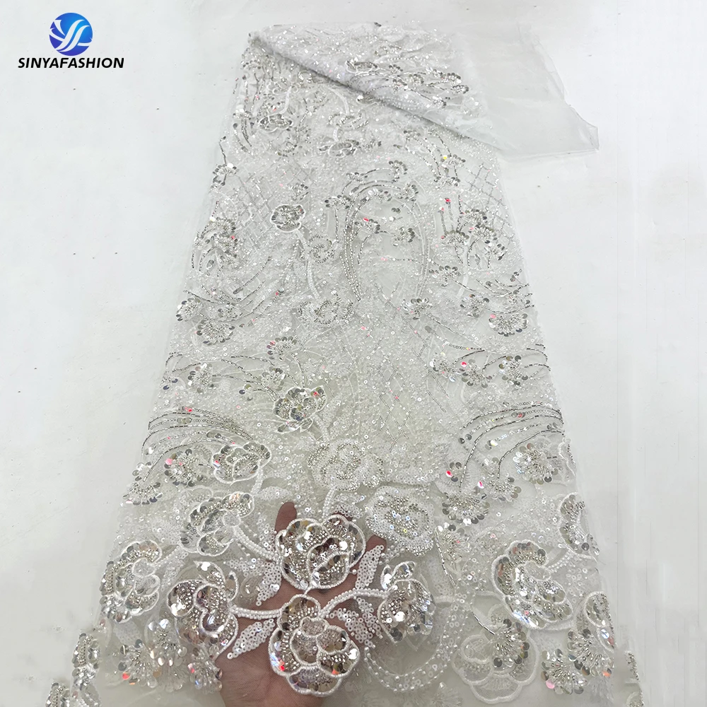 

Sinya White African Lace Fabric 2023 Nigerian French Tulle Embroidery High Quality Luxury Heavy Sequins Beaded Lace For Wedding