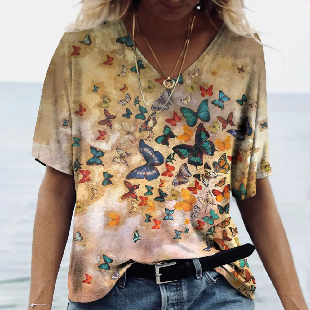 Купи V-Neck Women T Shirt Fashion Butterfly Graphic Print T Shirt Summer Short Sleeve Tops Oversized T-Shirt Harajuku Female Clothes за 179 рублей в магазине AliExpress