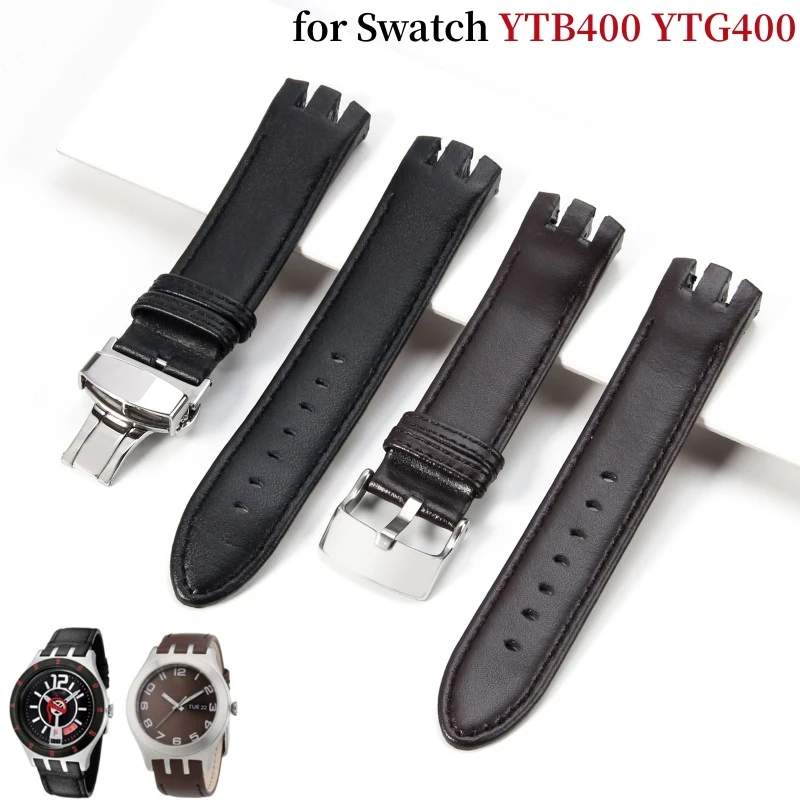 

20mm Genuine Leather Watch Strap for Swatch YTS401 402 409 713 YTB400 YTG400 Curved Three Fork Cowhide Men Watchband Solid Clasp