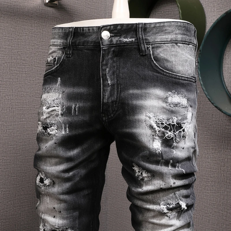 Streetwear Fashion Men Jeans Retro Black Gray Stretch Slim Ripped Jeans Men Hole Trousers Patched Designer Hip Hop Pants Hombre