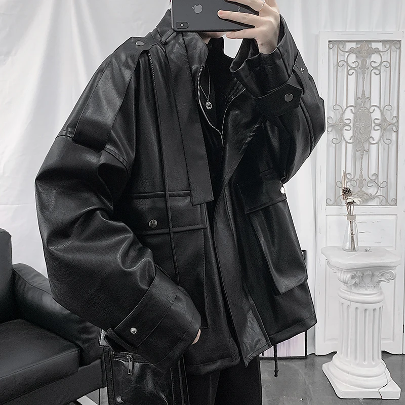 

New Men's Black Color PU Motorcycle Jacket Loose Stand Collar Safari Outwear Coat M8