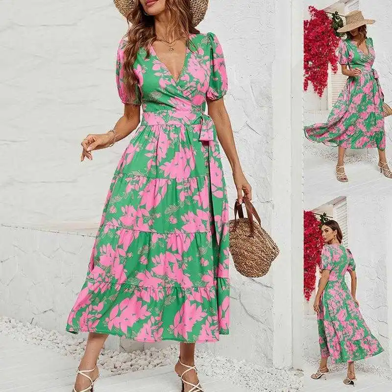 

Summer Casual Retro Cross V Neck Printed Dress For Letter Women