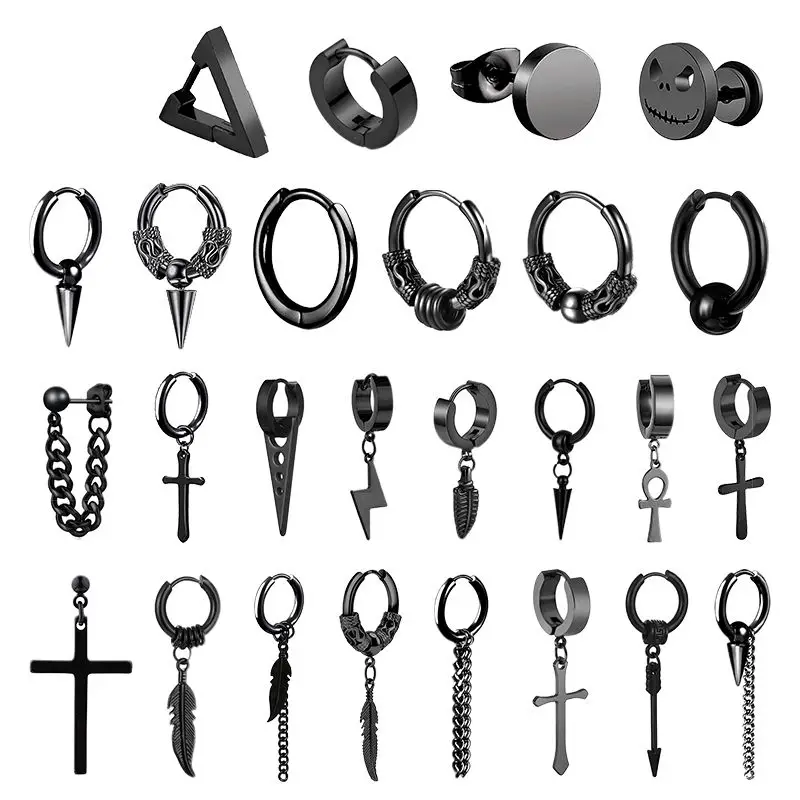 

1 Pairs Punk Stainless Steel Stud Earrings Vintage Hip Hop Piercing Ear Jewelry Accessories Black Earrings Set For Men Women