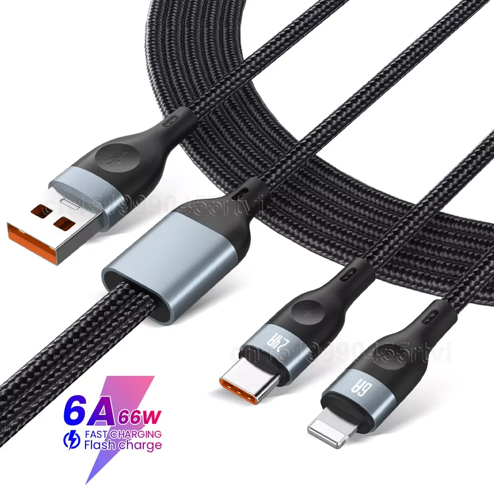 

In 1 USB Cable USB A To Type-C/8Pin Phone Charger Kable 6A 66W Fast Charging Cord for iPhone 13 12 Pro Max Xiaomi Redmi Realme