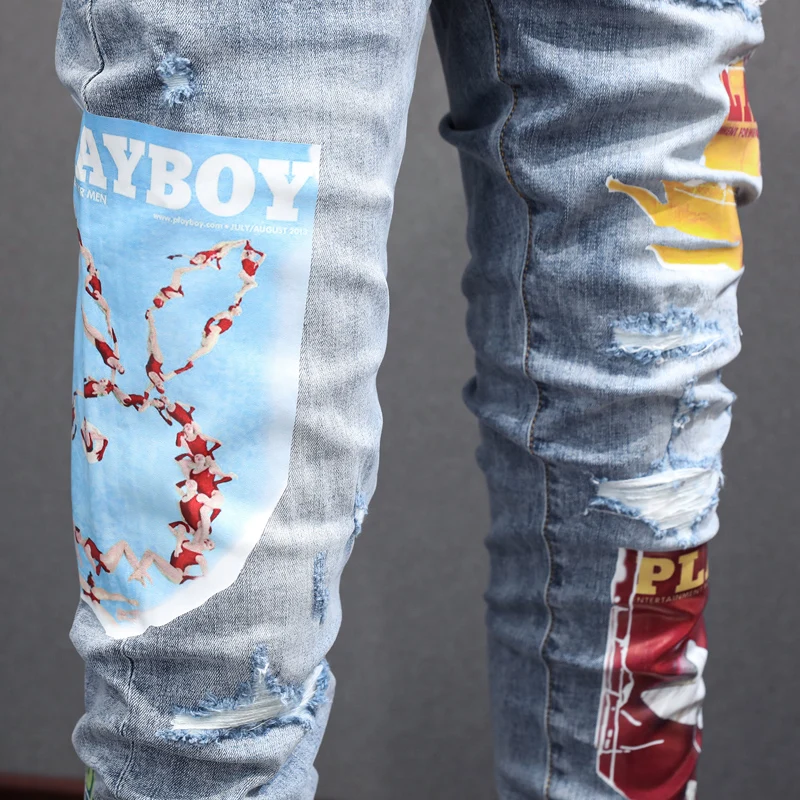 Fashion Streetwear Men Jeans Retro Blue Elastic Stretch Skinny Ripped Jeans Men Printed Patch Designer Hip Hop Brand Pants Homme