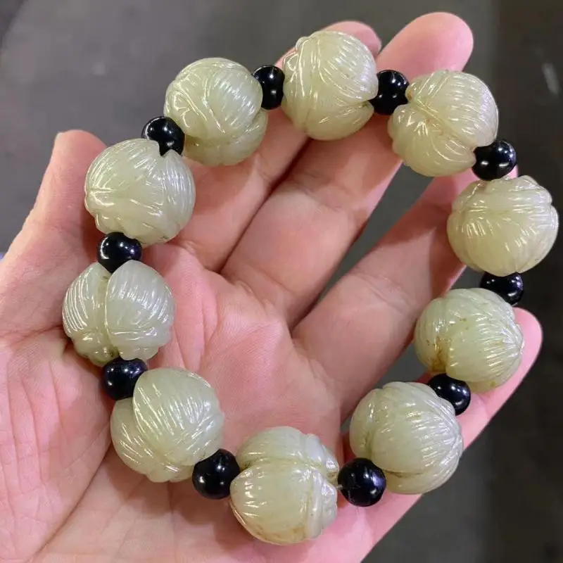 

Natural Nephrite Jade Lotus Bracelet Men Women Healing Gemstone Fine Jewelry Genuine Hetian Jades Lotus Bhudi Seeds Bracelets