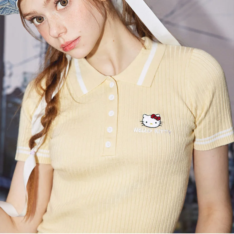 

Anime Knitted T-Shirt Hellokittys Sanrio Cartoon Kawaii Short Sleeved Crop Soft Cloth Cream Color Girl Sweet Blouse Slim Top Toy