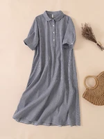 2022 new womens plaid dresses vintage short sleeve peter pan collar single breasted shirt dress casual loose daily robe femme