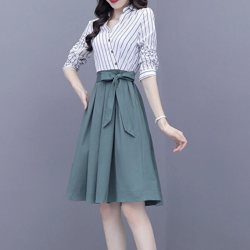 2022 Spring Autumn New Women's Long Sleeve Midi Dress Korean Office Lady Graceful Stripe Shirt Patchwork Fake Two Piece Dresses