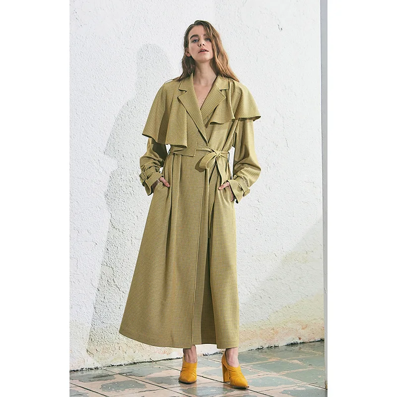 Retro Houndstooth Loose Lace-Up Waist Mid-Length Trench Coat Women's 2022 Spring and Autumn New Tops Trendy Women's Clothing