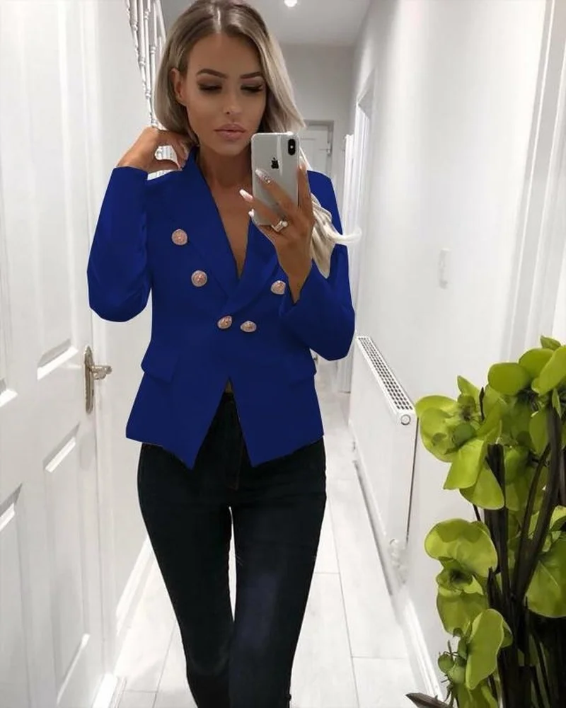 Women Solid Colors Slim Blazer Double Breasted Casual Office Blazer With Fake Pocket 2021 Oversize Work Wear Formal Clothing