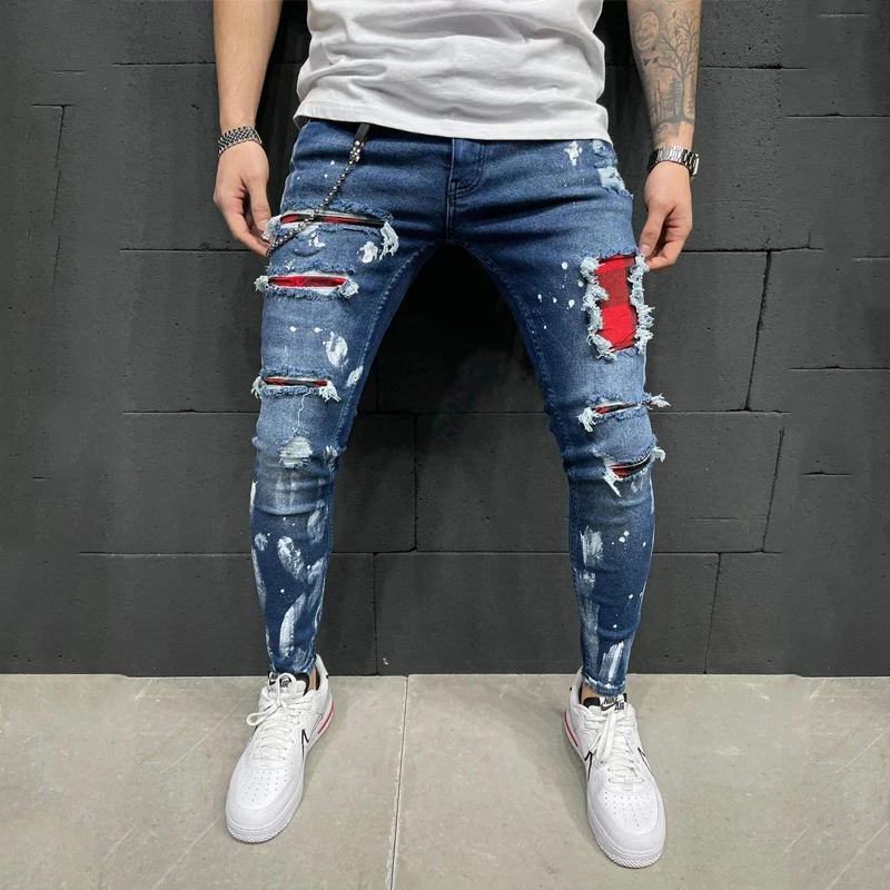 wish European and American men's new slim ripped pencil pants printed jeans Youth leisure vacation trend all-match trousers