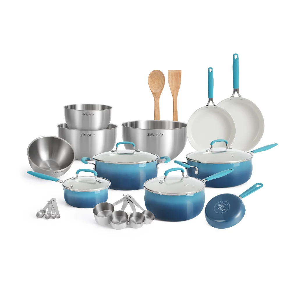 

Ceramic Coating, Tempered Glass, Stainless Steel, 25 Piece Ceramic Nonstick Aluminum Easy Clean Cookware Set, Ombre Teal