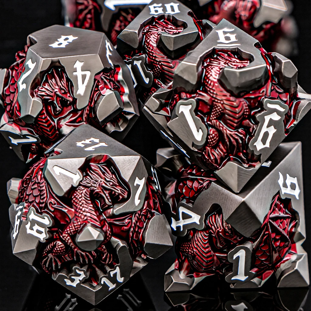 Фото Набор металлических кубиков Dragon DND D6 для настольных ролевых игр D&D, Pathfinder, Black Red RPG, многогранные кубики D20 D&D №3