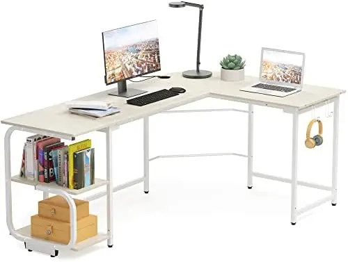 

Shaped Desk with Storage Shelves, Reversible Corner Computer Desk for Home Office, Modern Gaming L Desk with Spacious Desktop, T