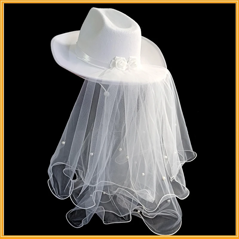 

Handmade Women Wool Bride Cowboy Hat Wide Brim Bridal Western Shinning White Fedora Hat with Pearl Decor Yarn Veil