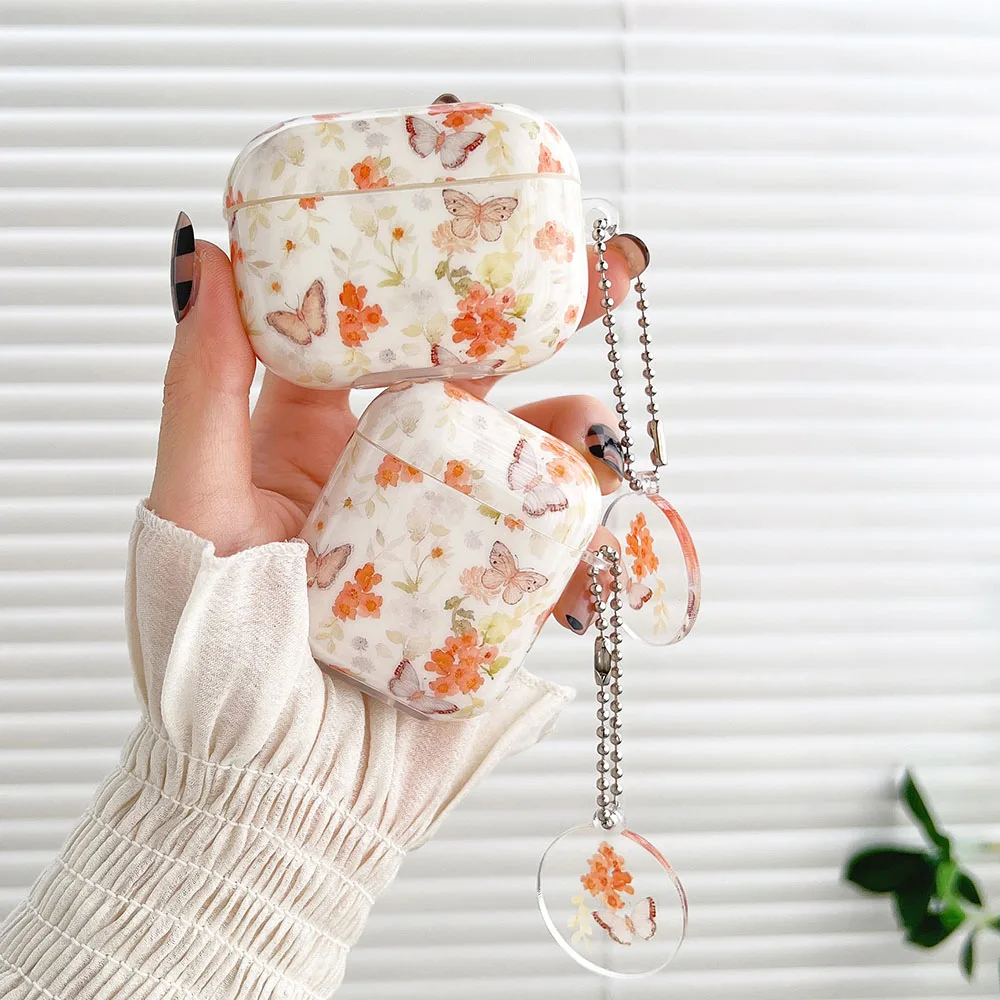 

Vintage Butterfly Fresh Flowers Case for AirPods 3 Floral Keyring Headphone Protective Cover for Airpods 2 Pro Earphone Cases