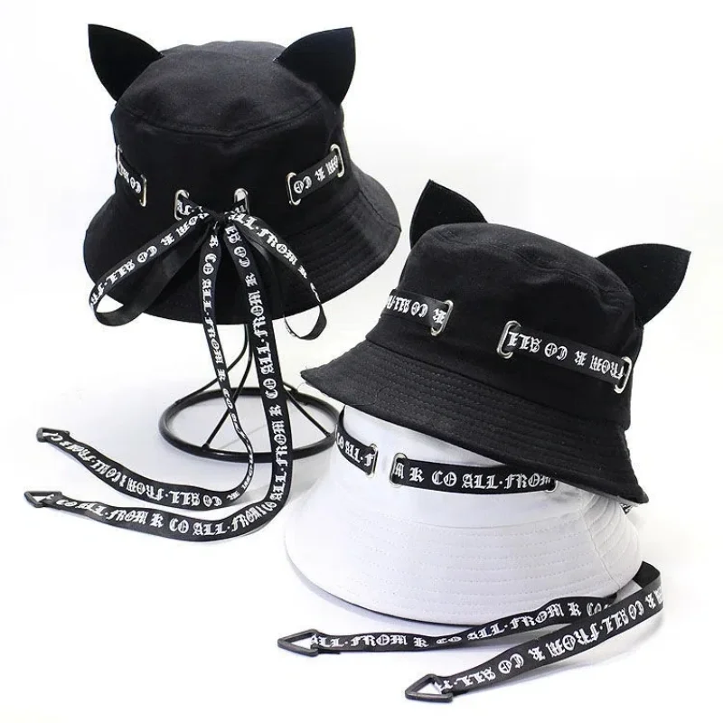 Cute Cat Ears Streamer Fisherman Hat Women Casual Basin Hat Solid SunHat Designer Bucket Hat Unisex Punk Hats Hip Hop Bonnets