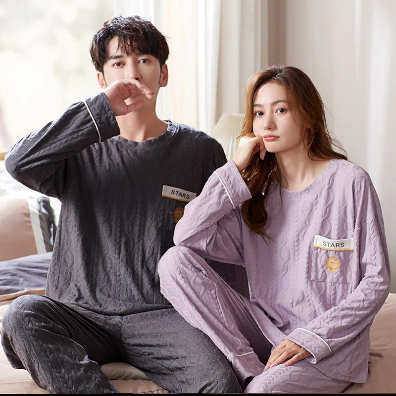 Men Cotton Sleepwear Women Korean Fashion Nightwear Man Plus Size Long Sleeping Tops Pajamas Set Couples Home Clothes Homme