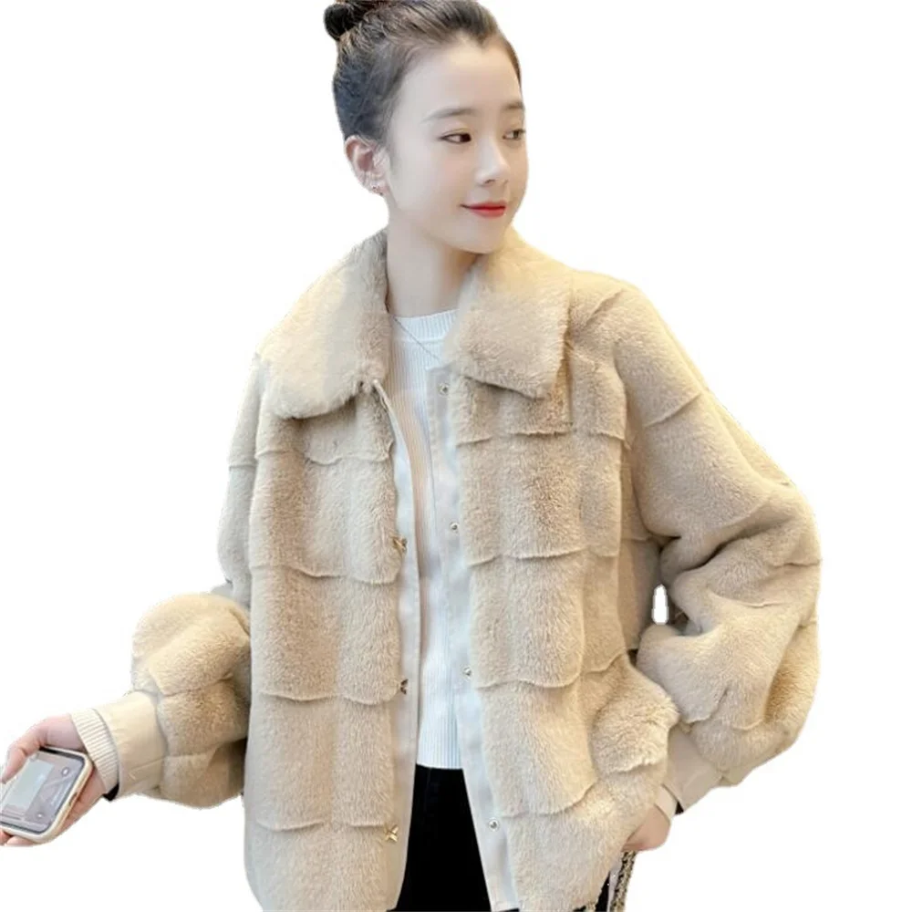 2022 single-breasted Faux rex rabbit fur top for women's loose-fitting women's imitation fur Four color style coat