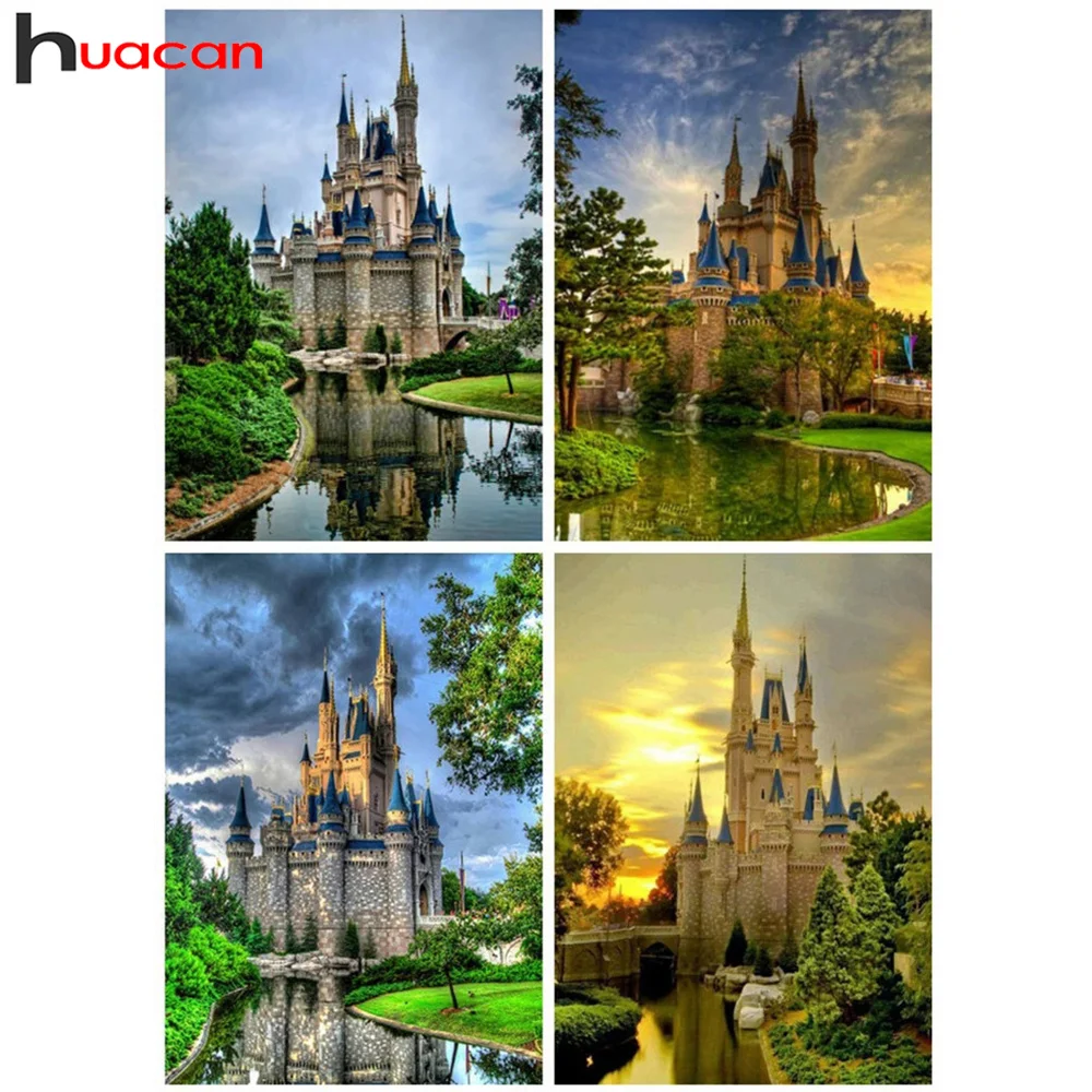 

Huacan алмазная мозаика полная выкладка пейзаж декоративные наклейки на стену вышивка крестиком замок декор для дома