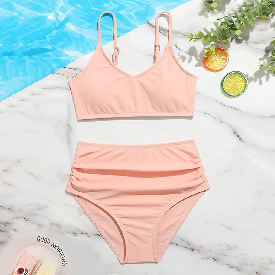 

Solid Plain Girl Swimsuit Kids Ruched High Waist Bikini Set 7-14 Years Two Piece Children's Swimwear Teen Bathing Suit Beachwear