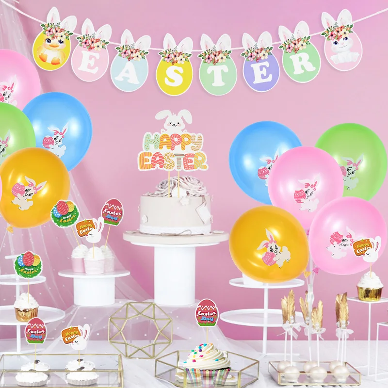

Easter Bunny Latex Balloons Cute Cartoon Rabbit Eggs Cake Topper Set Happy Easter Party Banner Bunting Garland Flags Home Decor