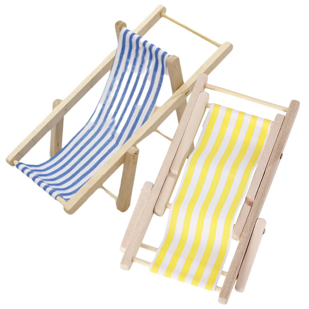 

2 Pcs Mini Folding Chair Bench Miniature Lounge Simulation Beach Model House Deck Wood Prop
