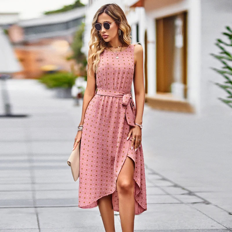 

Women Summer Solid Long Dress Elegant Casual Knee Length Fashion Office Lady Lace Up Sleeveless O Neck High Waist Dress 2023 New