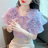 purple doll collar chiffon shirt for women 2022 summer new chic short puff sleeve three dimensional flower super fairy top blusa