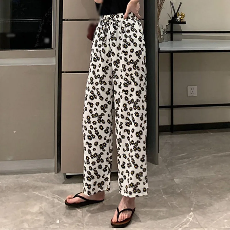 

Summer Women's Cottagecore Pants Wide Leg Little Daisy Printed Nine Points Casual All-Match High Waist Straight Tousers Indie