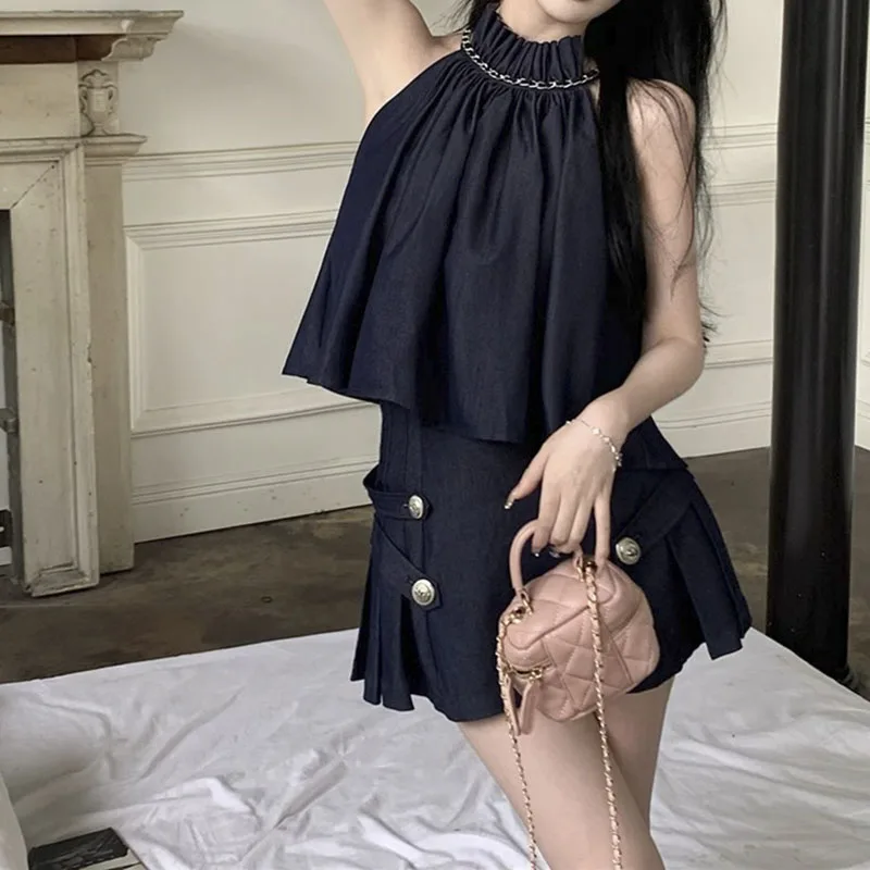 

Office Lady Fashion Sleeveless Shirt Halter Blouse Women Summer 2023 Turtleneck Blusas Tops Pleated Skirt Set