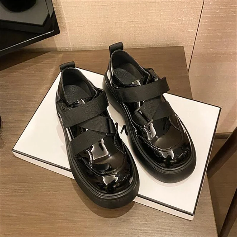 Japanese Cross Patent Leather Round Toe Platform Loafers Slip on Flats Ladies Casual Shoes Women's Original Design Oxfords