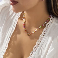 retro fashion ethnic colored rice beads clavicle chain flower imitation pearl necklace for women girl jewelry