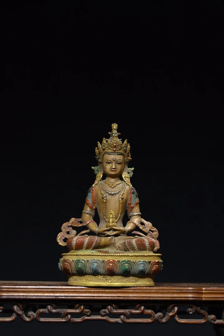 

9"Tibetan Temple Collection Old Bronze Painted Amitayus Buddha Longevity Tibetan Buddha Worship Hall Town house Exorcism