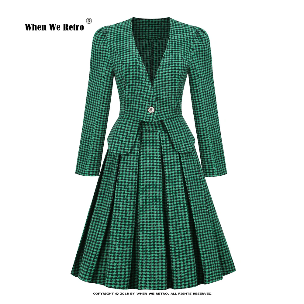 Hepburn Retro Autumn Winter Skirt Elegant Pleated Suit Dress Women Green Plaid Skirts Vintage 50S 60S Pin Up Robe Femme VD3304