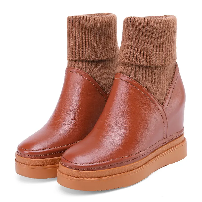 Женские ботинки до середины икры из натуральной коровьей кожи на платформе и