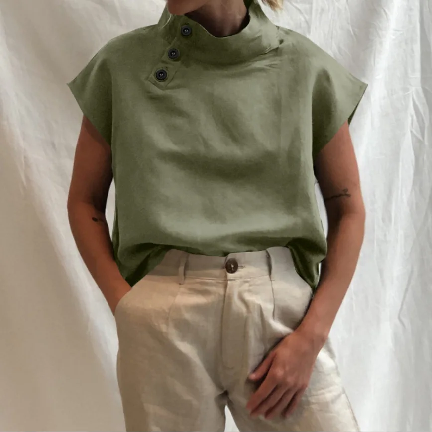 Women Stand Collar Loose T-Shirt 2023 Fashion Patchwork Net Hollow Out Blouse Tops Casual Short Sleeve Cotton Linen Shirts Blusa