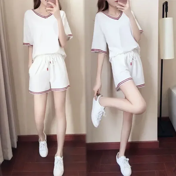 Женский летний комплект из двух предметов Повседневная футболка в полоску и