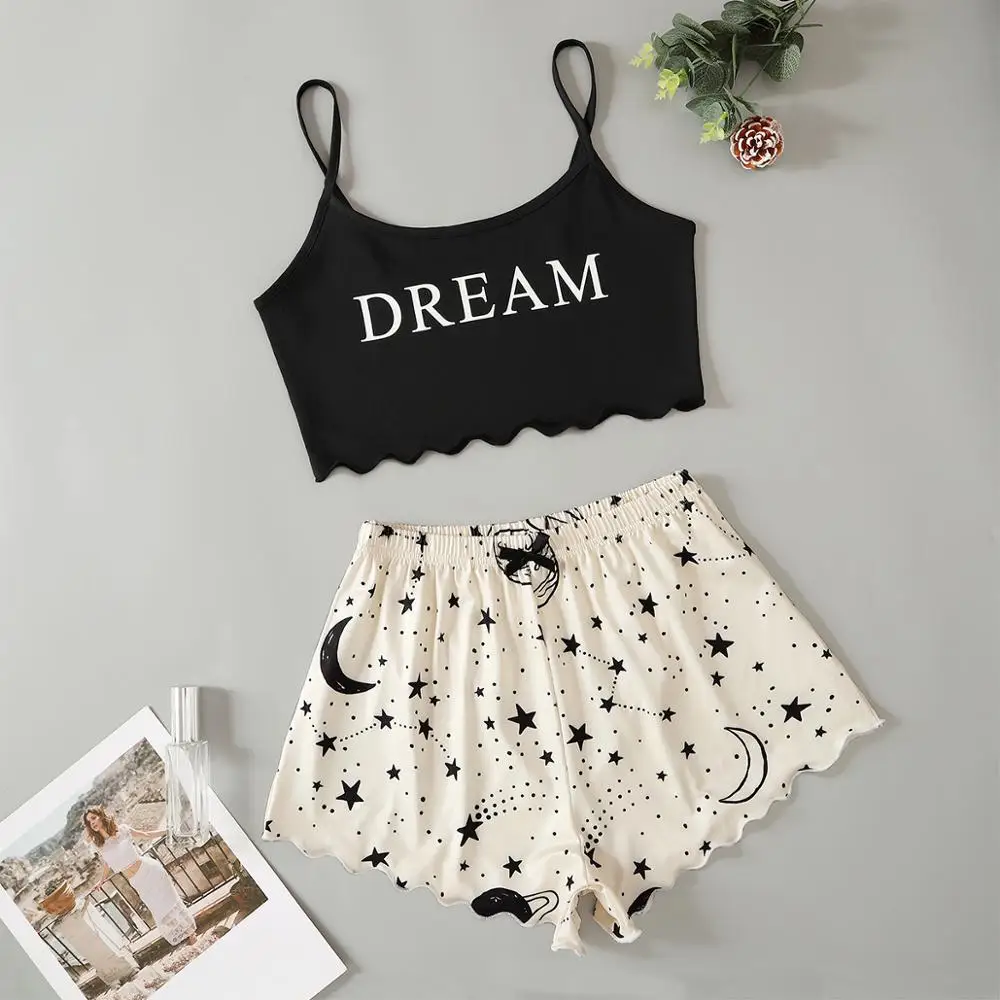 

Letter & Galaxy Print Scallop Trimed Crop Cami Top & Shorts PJ Set Fashion Sexy Home Women's Underwear Pajamas Set