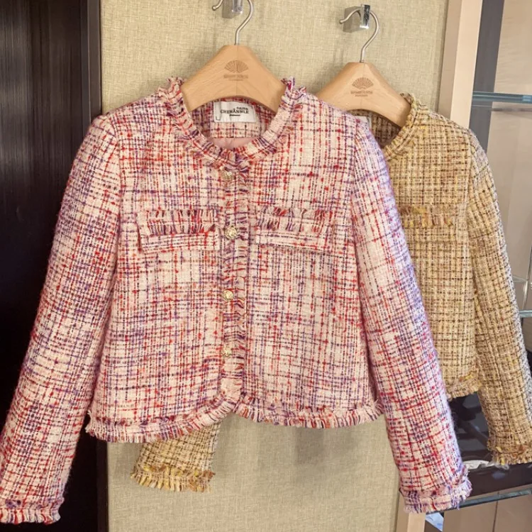 

Autumn Small Fragrance Women Weave Tweed Outerwear Elegant Single Breasted Tassel Blends Wool Female Long Sleeve Jacket Coat