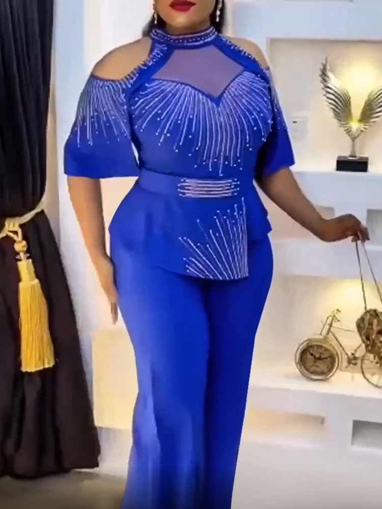 

2 Piece Set Women Party Clothes African Dashiki Ankara Outfits 2022 Summer Fashion Sequin Tops Pants Trousers Suits Two Piece