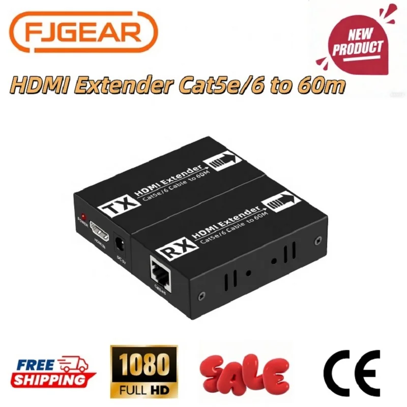 Фото FJGEAR 60M HDMI-удлинитель POC 1080P 3D, EDID без потерь, передатчик-приемник HDMI через RJ45 по Cat5e/Cat6 №1