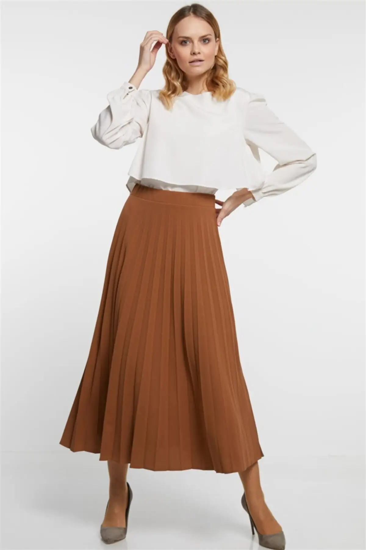 

Women's Taba Pleated Long Skirt-Me000314 Maxi Waist Woven Fabric Plain Color Trend Brown Hijab Clothing