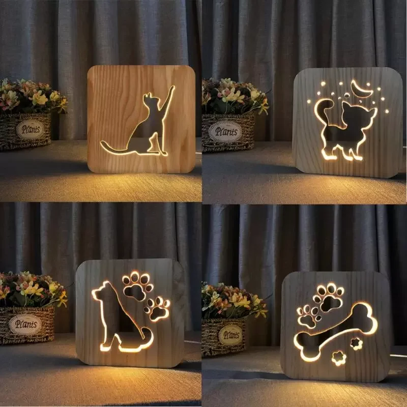 1PCS LED USB Night Light Wooden Dog Paw Cat Wolf Head Animal Lamp Novelty Kids Bedroom Decor 3D Decoration Table Lamp Children