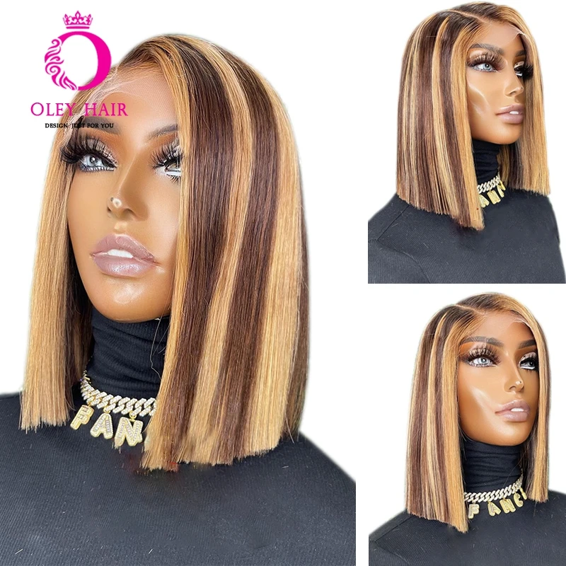 

Brown Highlight Color Short Bob Pixie Cut 13x4 Synthetic Lace Front Blunt Preplucked Drag Queen Cosplay Wigs For Black Women