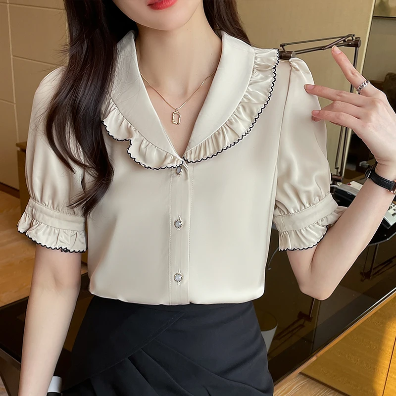 

Silk Slim Fit Women's Blouse Korean Style Satin Shirt Summer Short Sleeve Top Fashion Elegant 2022 New Female Clothing