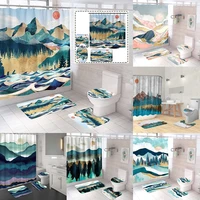 mountain forest shower curtain sets abstract landscape scenery sun fabric bathroom curtains non slip rug bath mats toilet cover